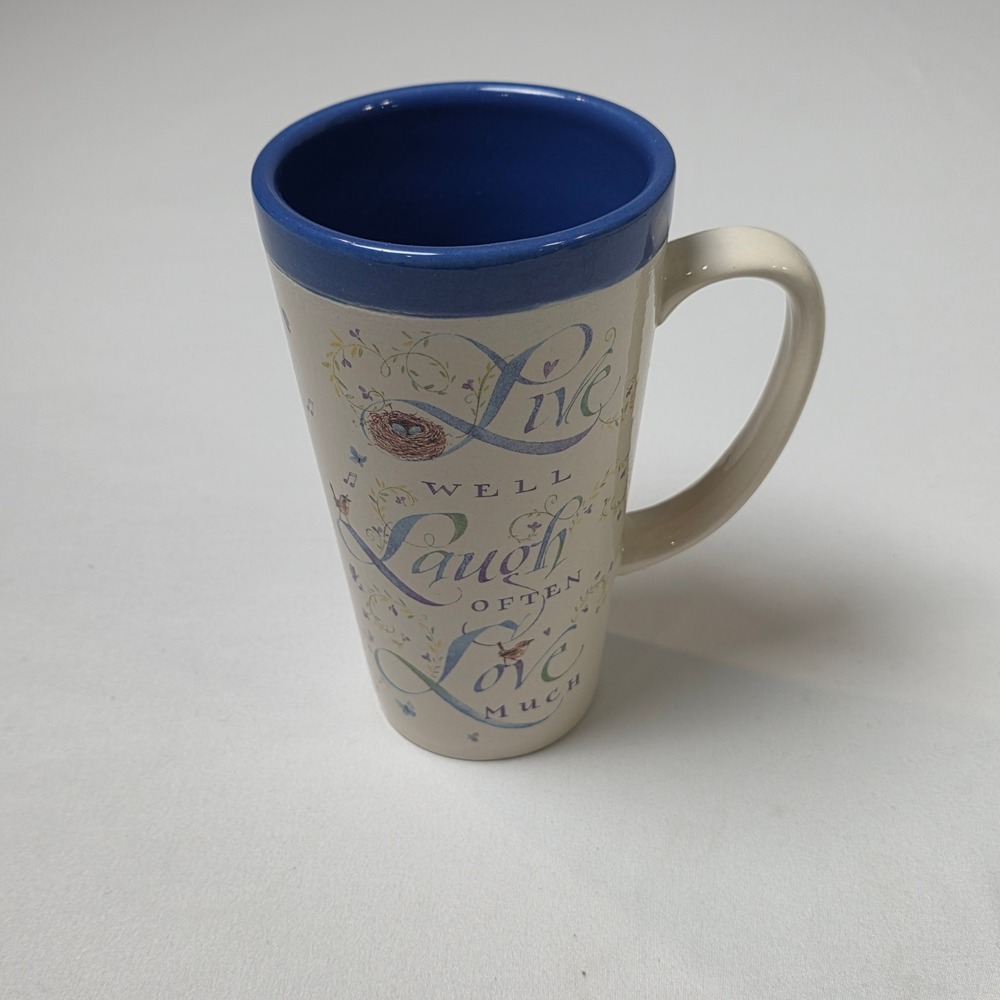 Latte Coffee 6" Mug Cream and Blue Live Laugh Love Floral Bird Nest Script